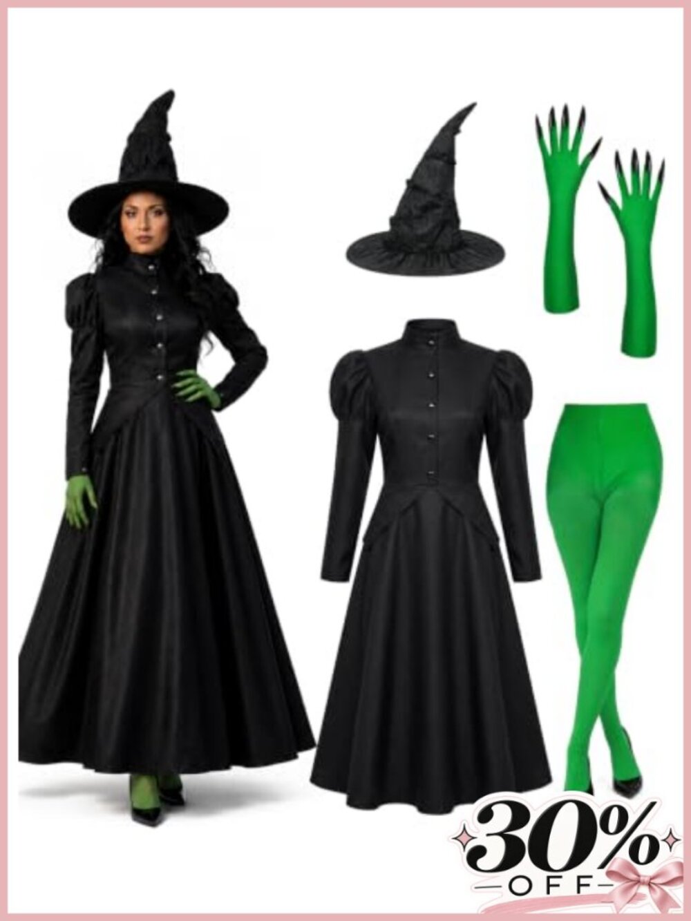 Witch Costume for Women Halloween Adult Black Witch Dress Set with Hat Gloves
